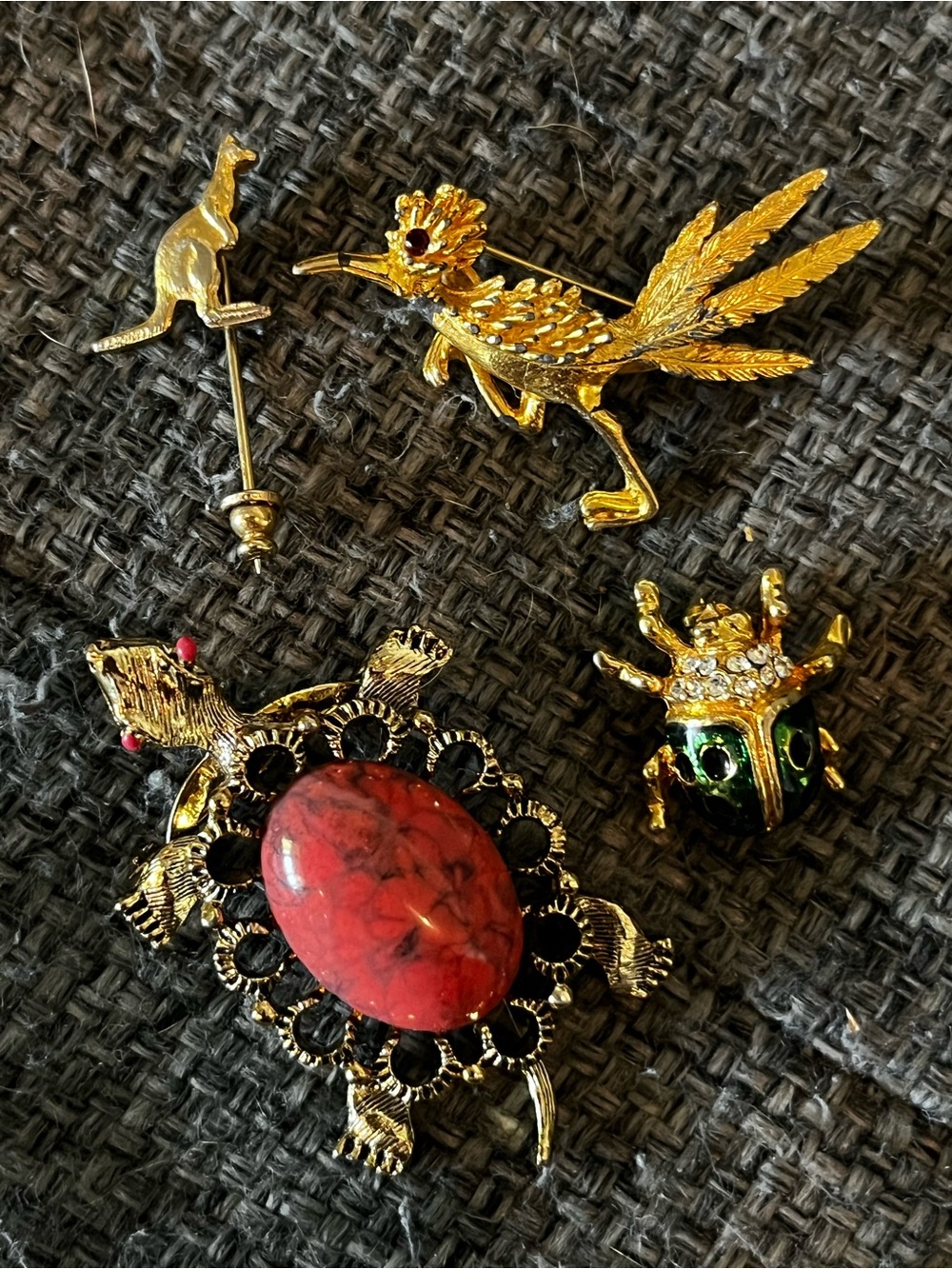 Curated Vtg Animal Brooch Set with Red Stone Accent in Gold Tone